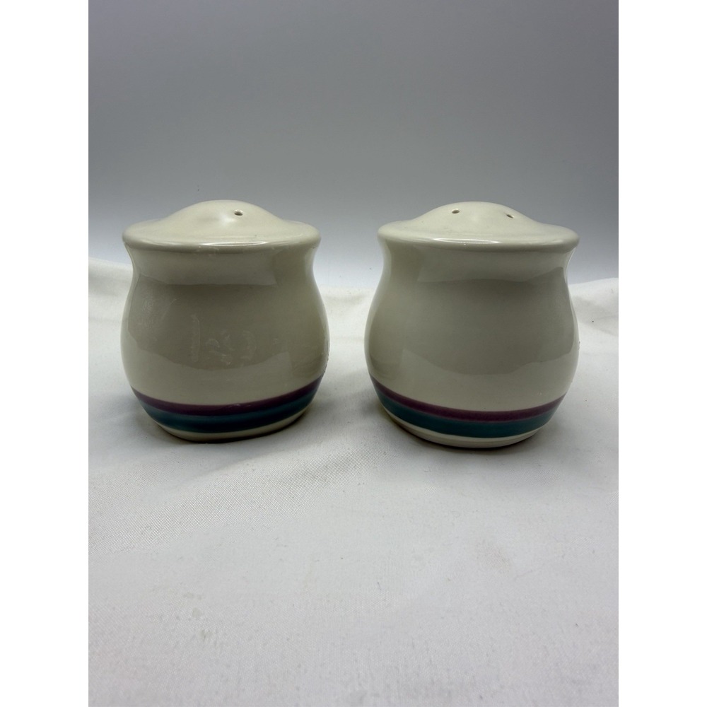 Vintage Pfaltzgraff Juniper 3 In Salt and Pepper Shakers, Mauve Turquoise Bands - Picture 2 of 4